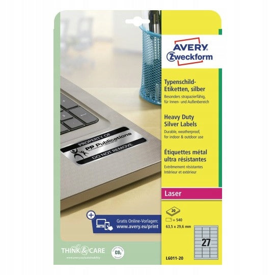 Heavy duty labels Silver 63.5 X 29.6 MM. 27 PCS Packaging status original