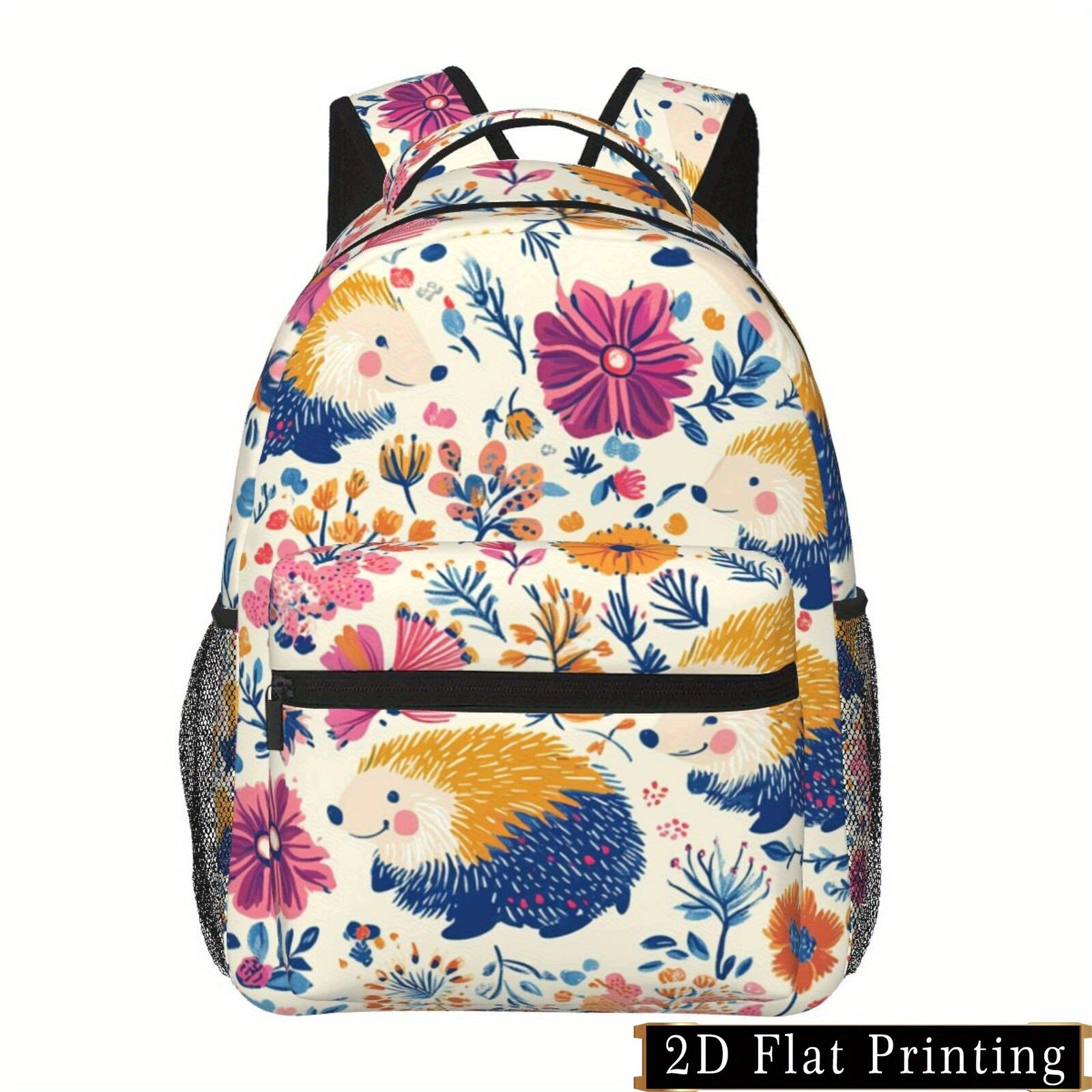 Hedgehog Flower Print Backpack - Shoulder, Waist Protection, iPad/Laptop Bag