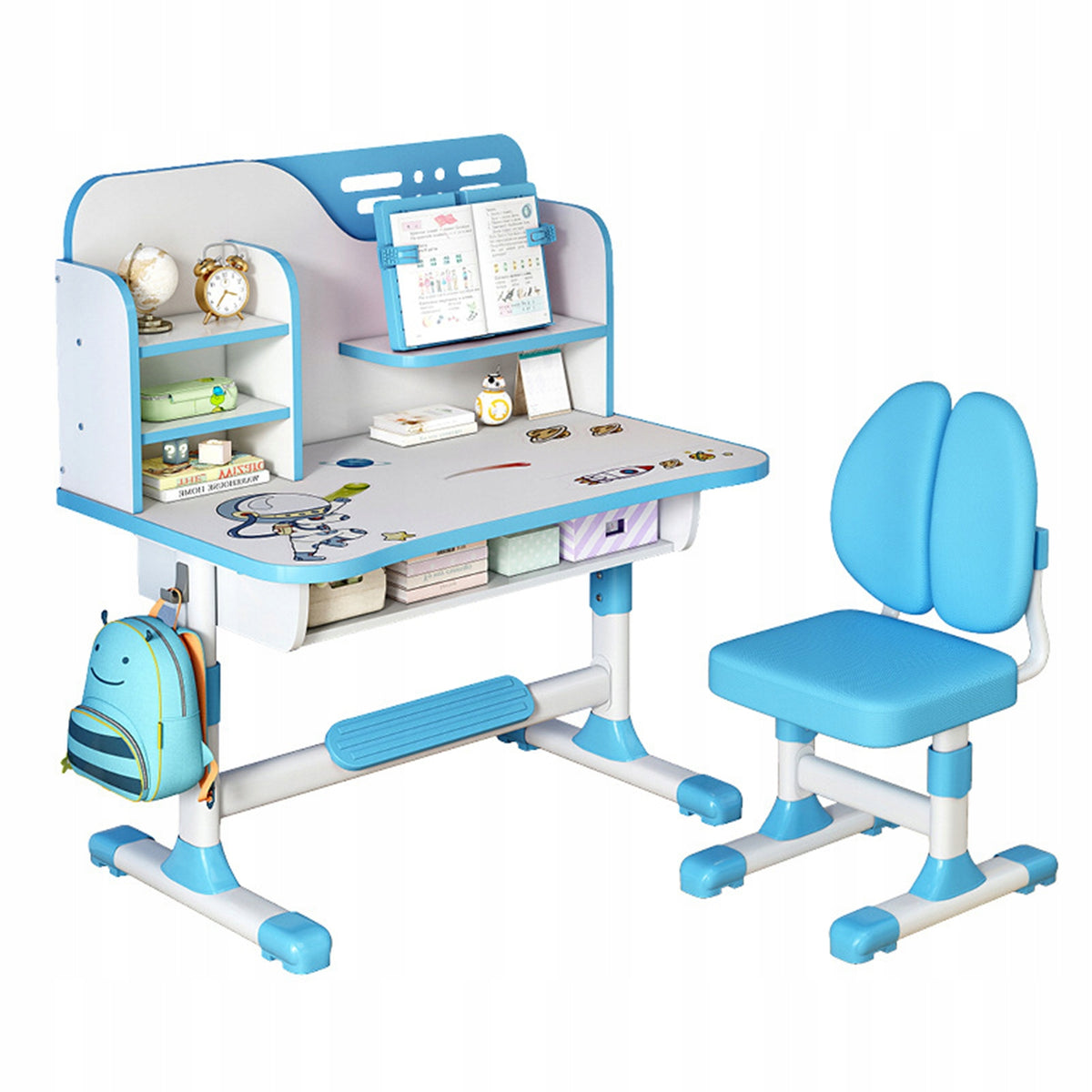 Height Adjustable Children Desk Chair Set Study Desk with Bookstand Drawer