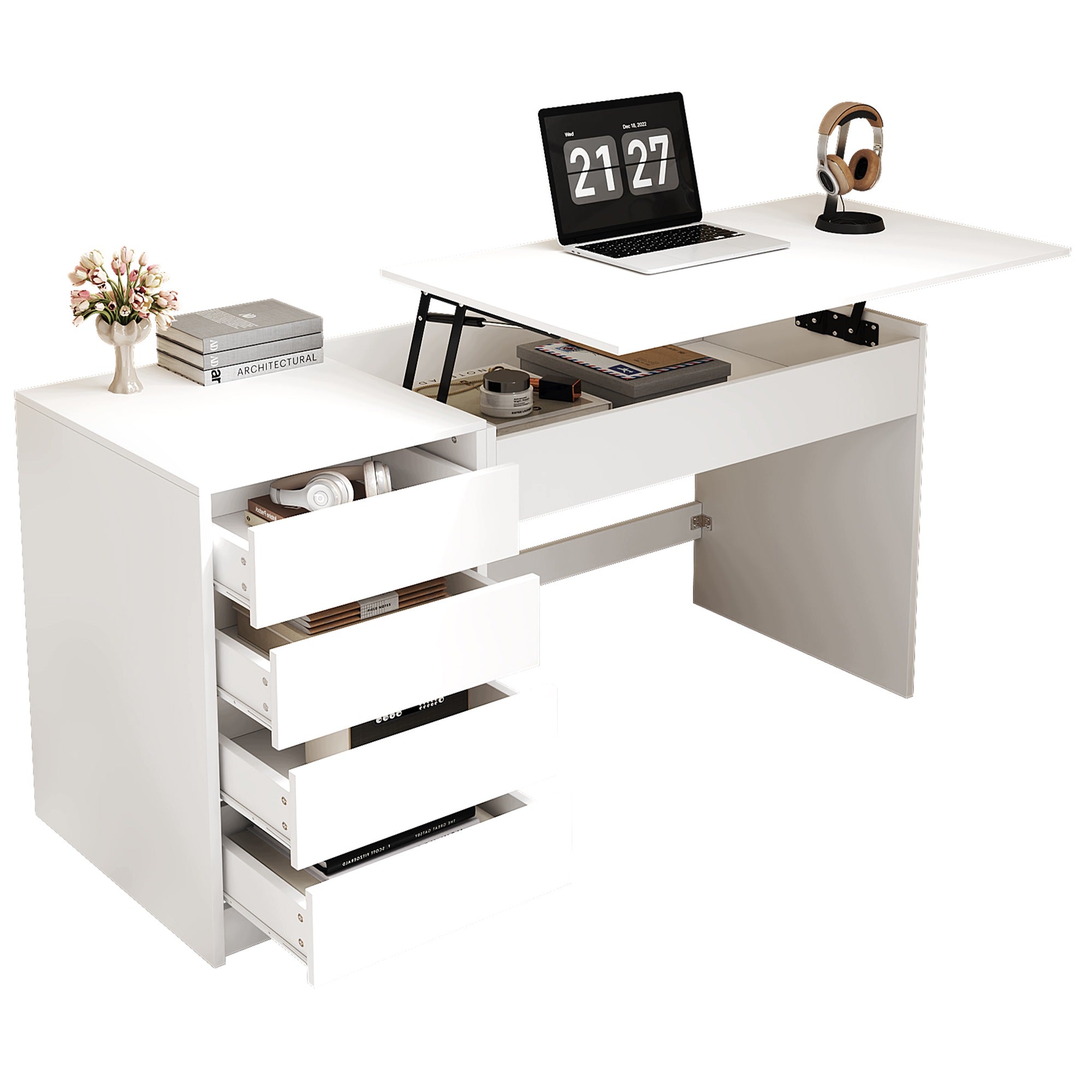 Height Adjustable Desk 120x50cm with 4 Drawers, White