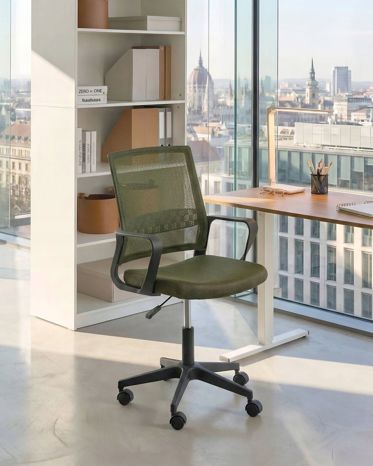 Height Adjustable Swivel Office Chair on Wheels Dark Green Packaging status original