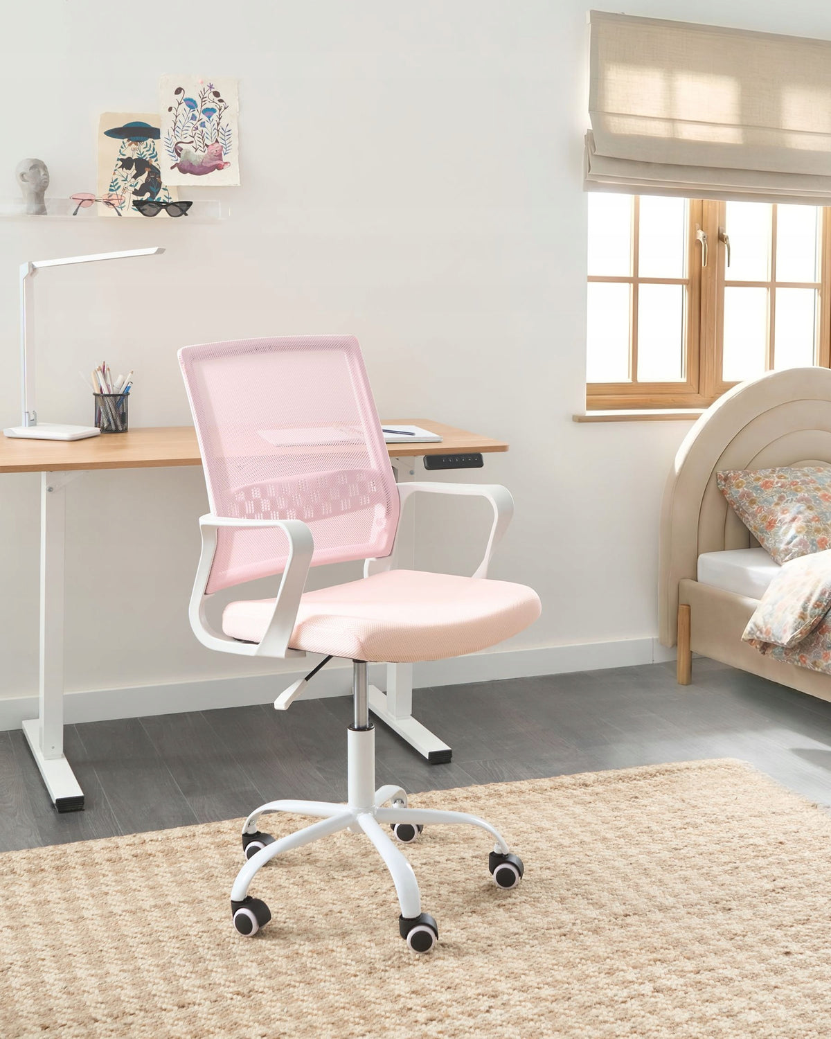Height Adjustable Swivel Office Chair on Wheels Light Pink Packaging status original