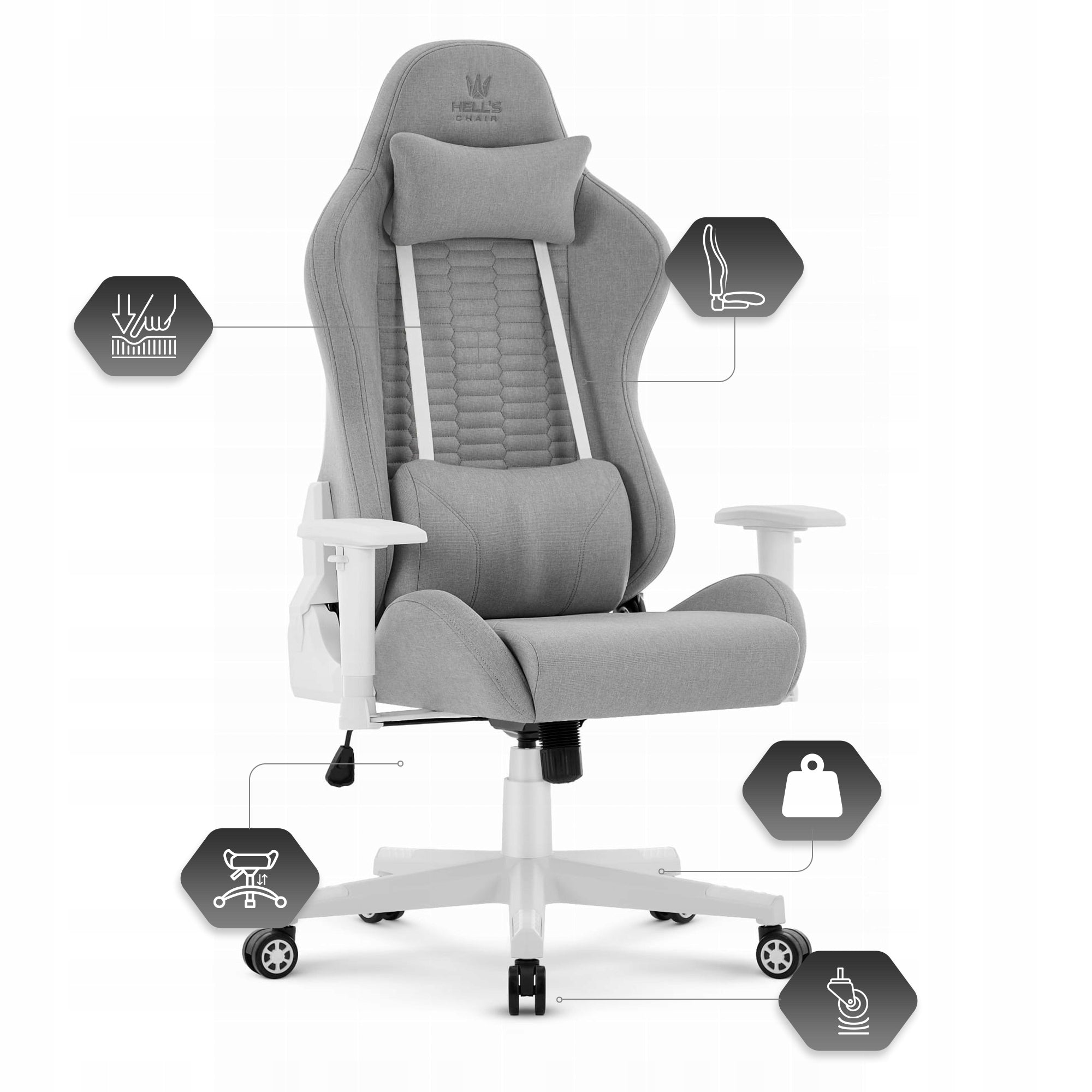 Hell's Chair HC-2000 Gray Fabric Office Swivel Gaming Chair Furniture depth 55 cm