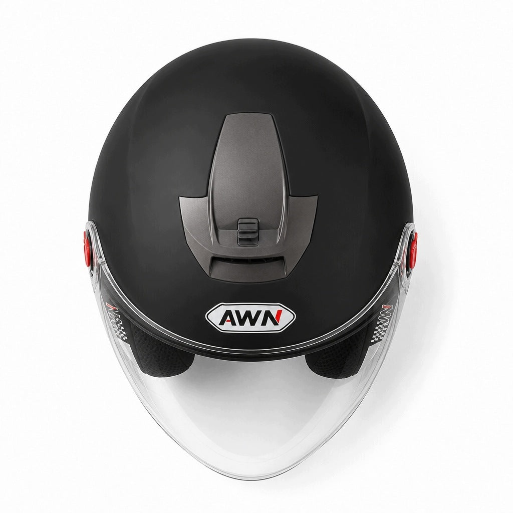 Helmet AWN open black matt jet scooter visor knob red zest