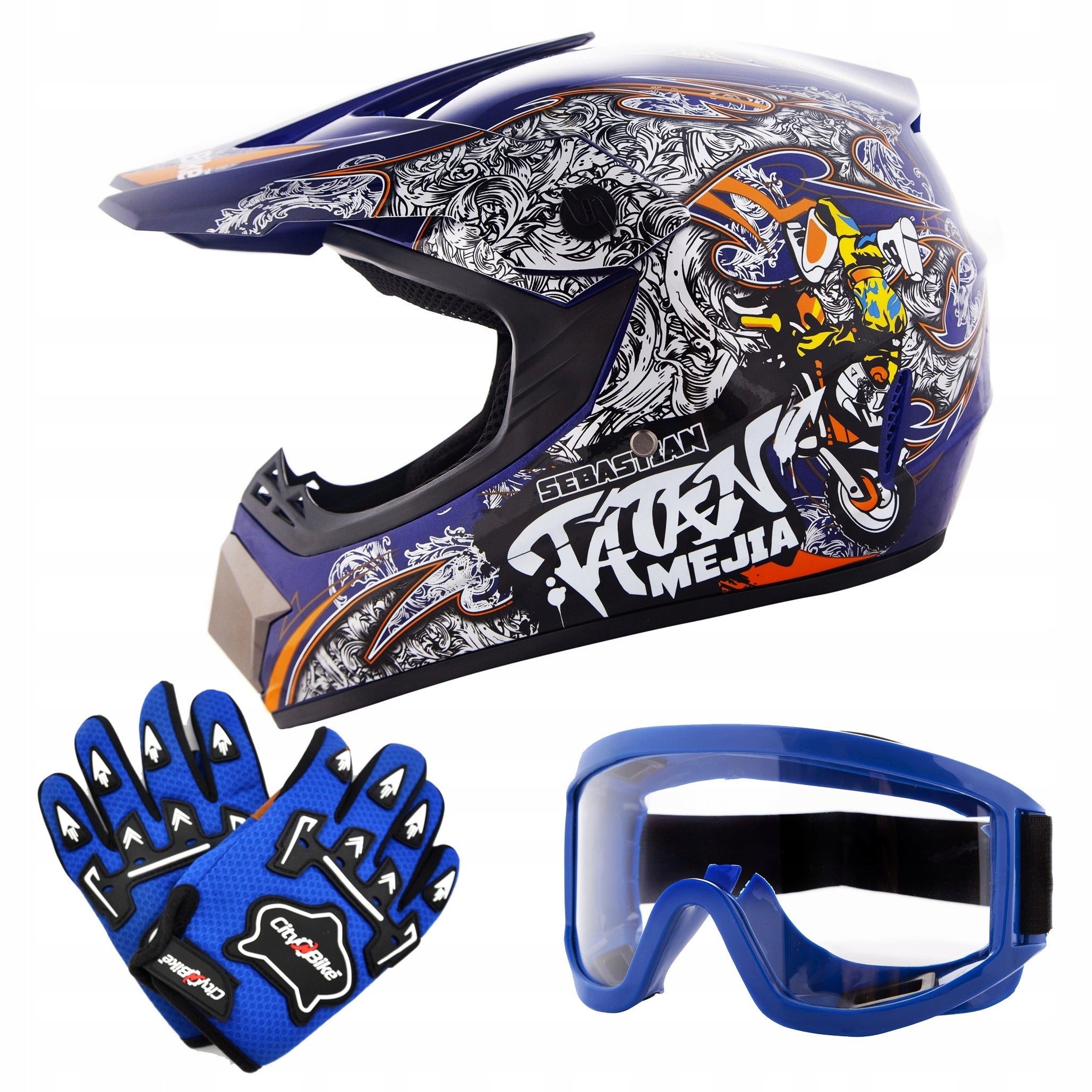 Helmet Cross XL Goggles Enduro Gloves Bike Bmx Scooter Quad Blue