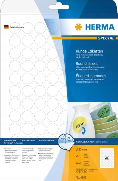 Herma Movables A4 Peelable Labels, Round, White, Matte Paper, 2400