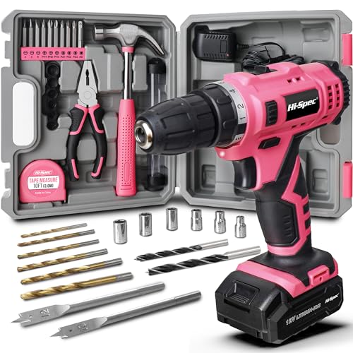 Hi-Spec 30pc Pink 12V Electric Power Drill Driver Set & Household Tool Kit