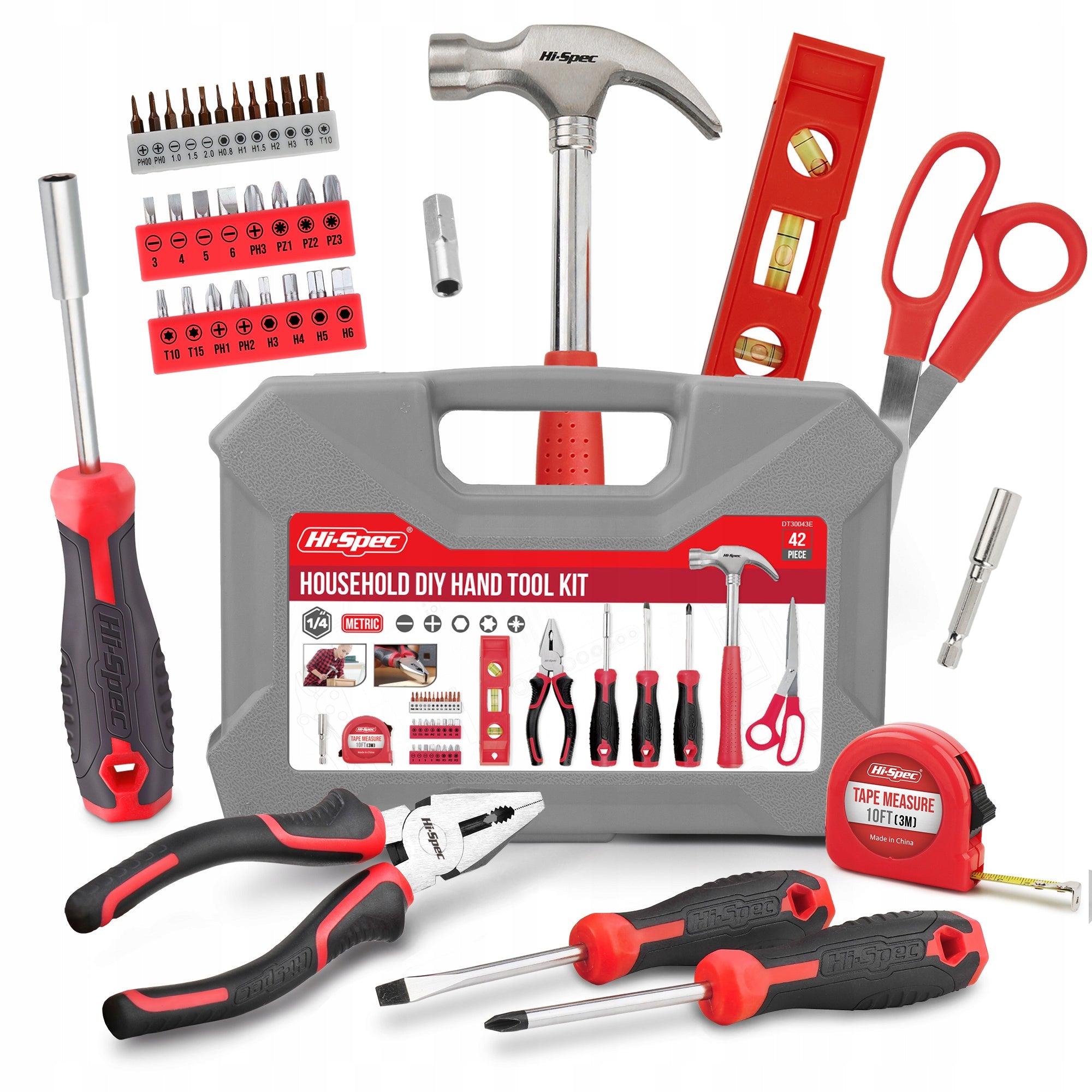 Hi-Spec 42pc Red Home DIY Repairs Hand Tool Kit Box Set. Household & Office