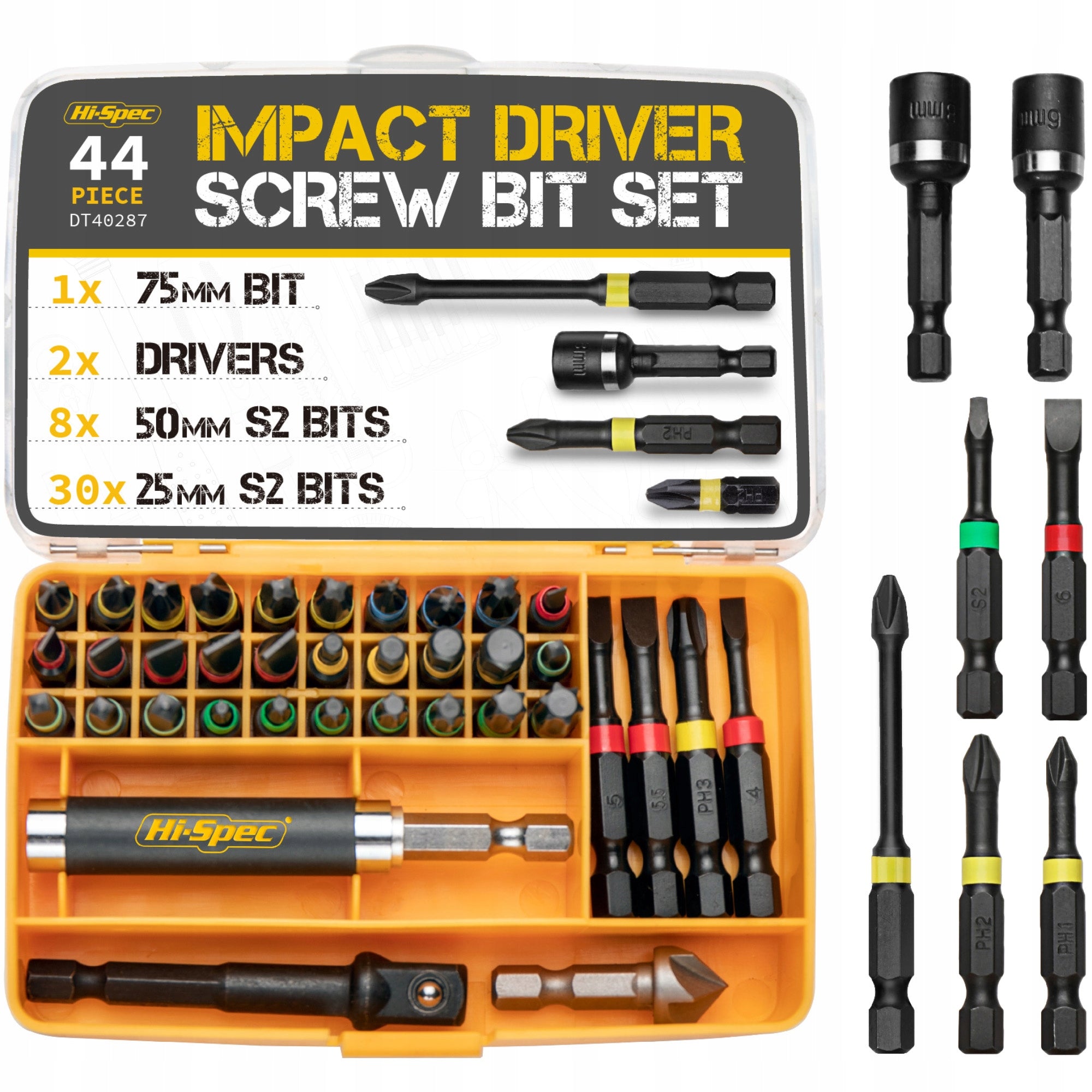 Hi-Spec 44pc Impact Drill Driver Screwdriver Nut Bit Set. 1/4 Hex, PZ, Torx