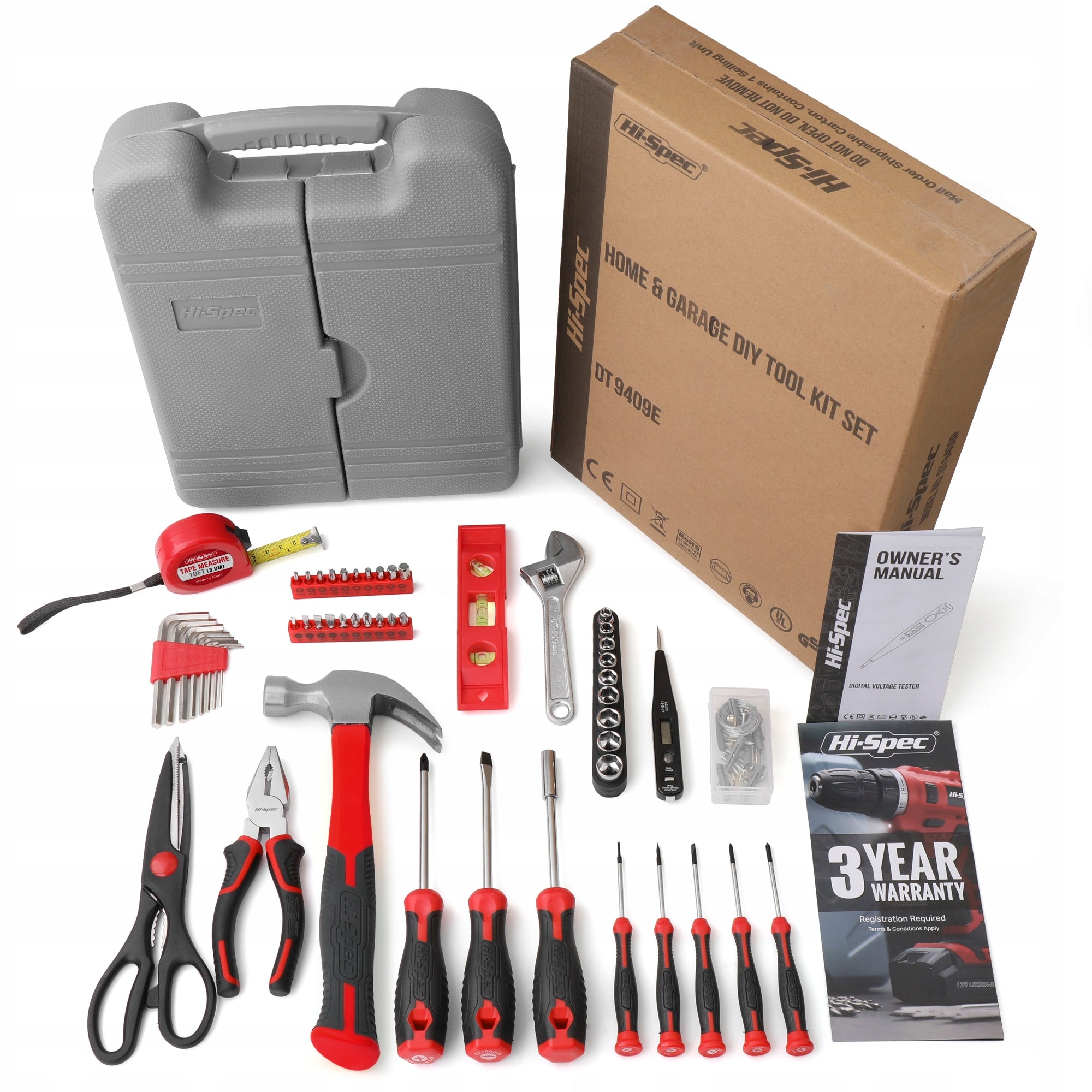 Hi-Spec 56pc Red Home DIY Repair Hand Tool Kit Box Set. Household & Garage Set elements bits socket wrenches bit holders