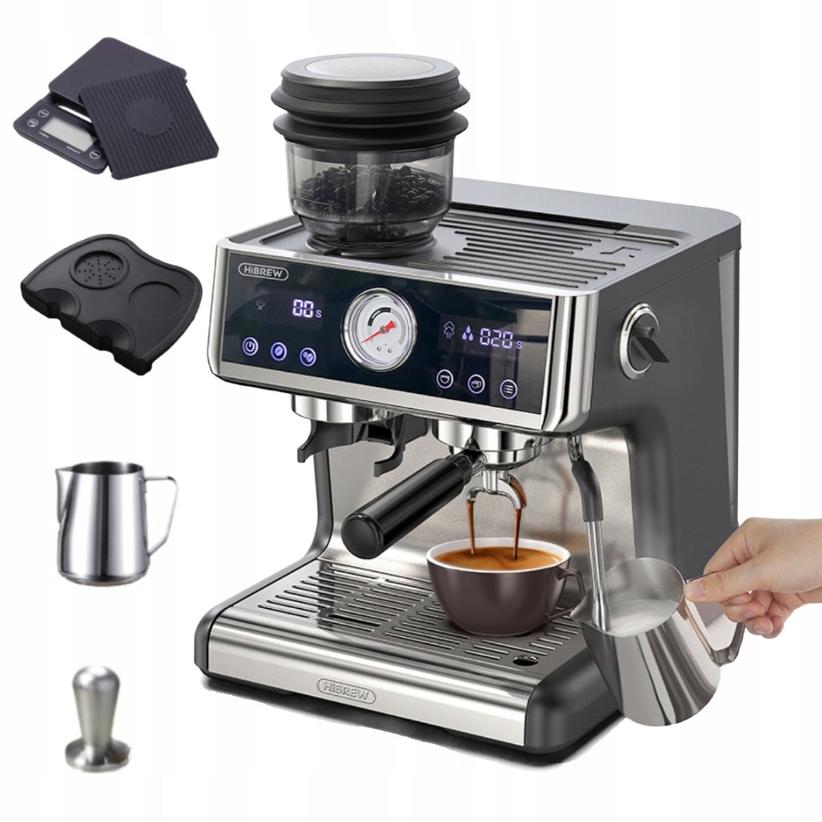 HiBREW H7A Espresso Machine 20Bar Pump Grinder LCD Touch Dual Boiler 2.8L