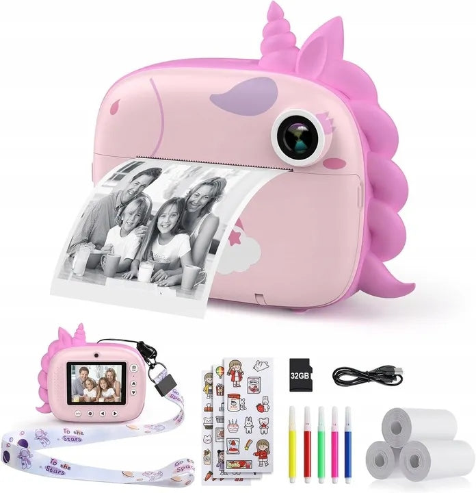 HiMont Instant Camera with Unicorn Kids Printer + 32GB Card