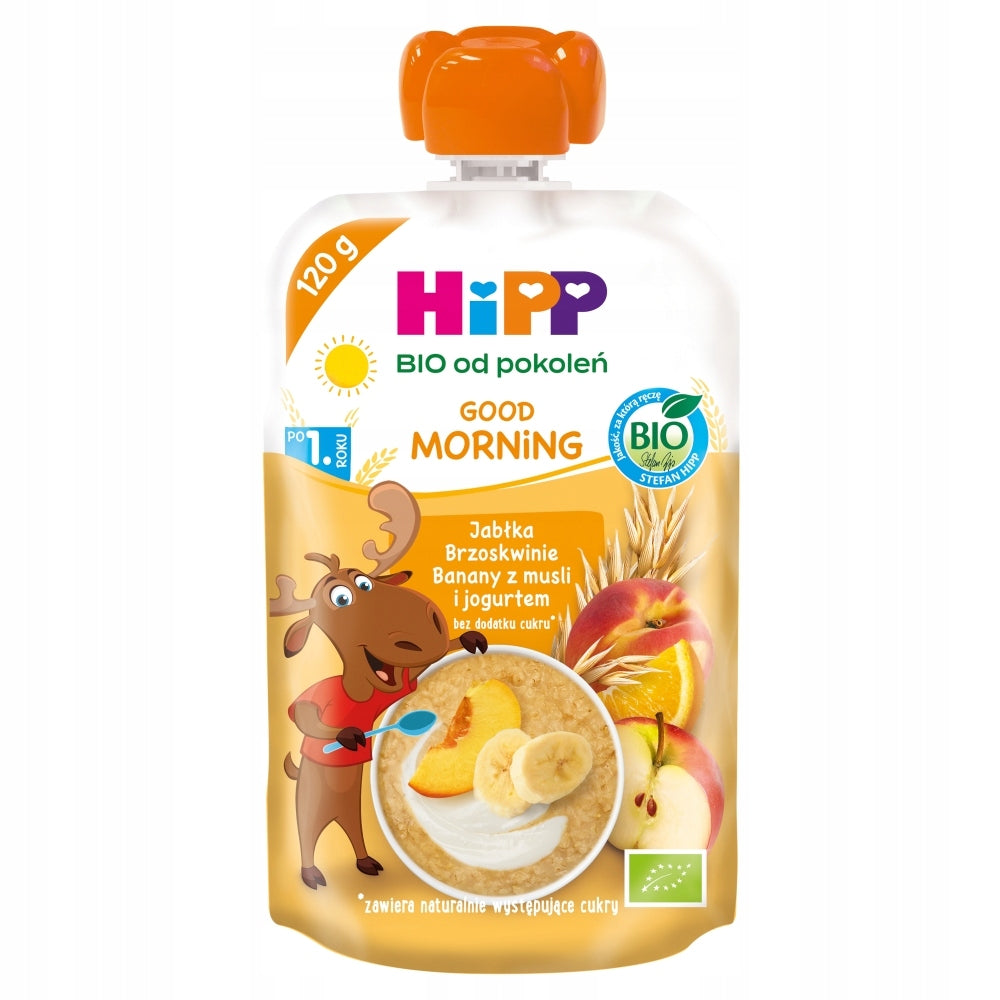 HiPP BIO FRUIT Mousse Apples Peaches Bananas Muesli Yogurt 120ml after 1 year EAN (GTIN) 4062300475175