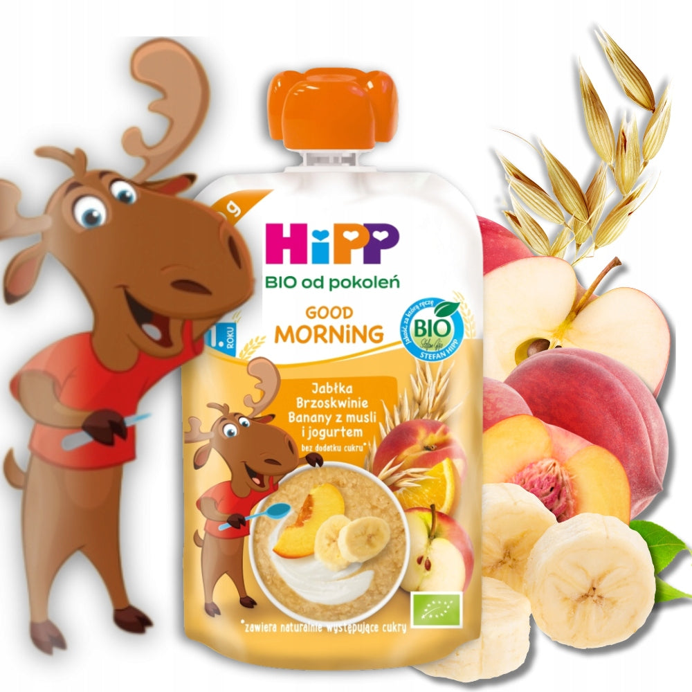 HiPP BIO FRUIT Mousse Apples Peaches Bananas Muesli Yogurt 120ml after 1 year