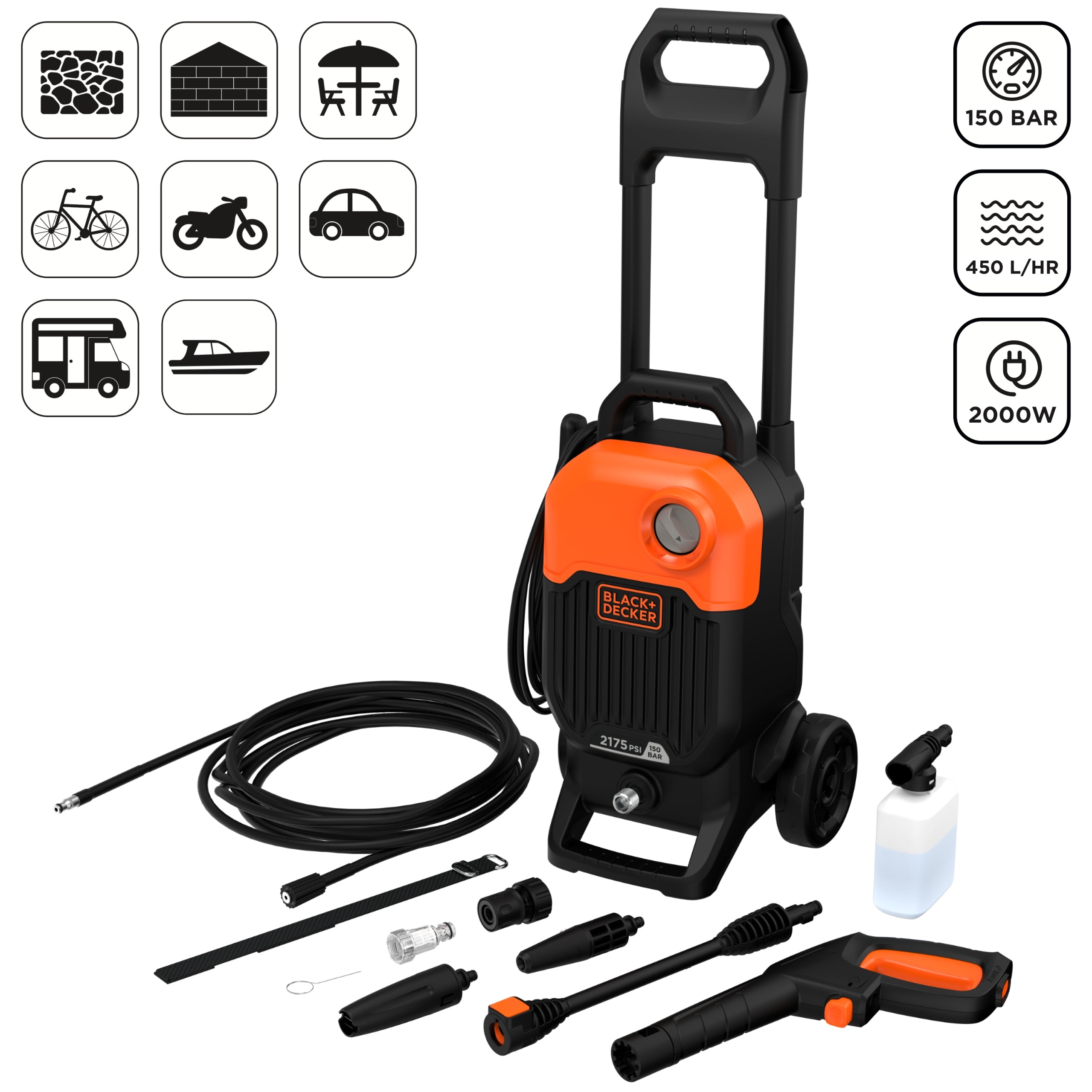 High pressure washer Black & Decker 150 bar 2000 W + accessory set