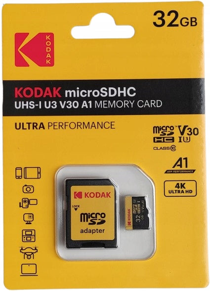 High speed memory card Kodak 32GB microSD SDHC UHS-I U3 V30 A1 4K + Adapter