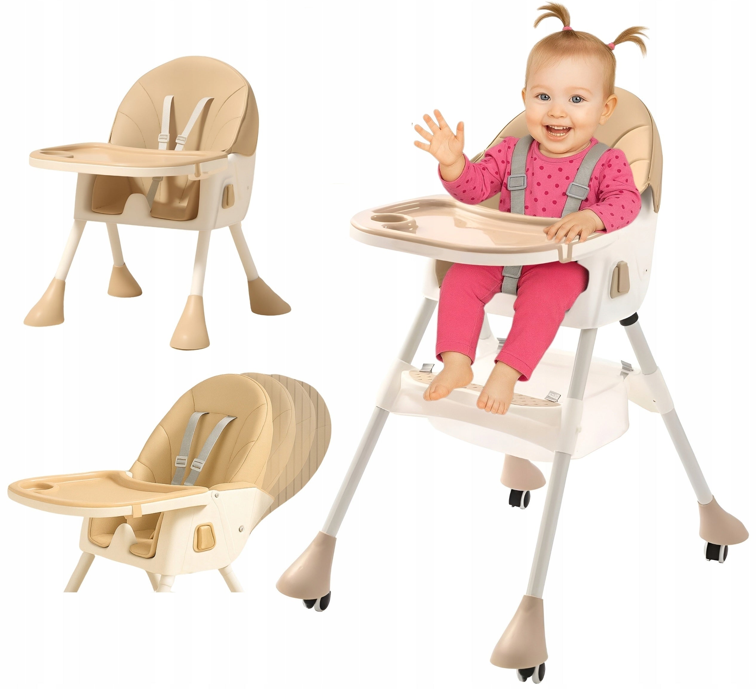 Highchair 4in1 Folding Baby Seat Tray Beige