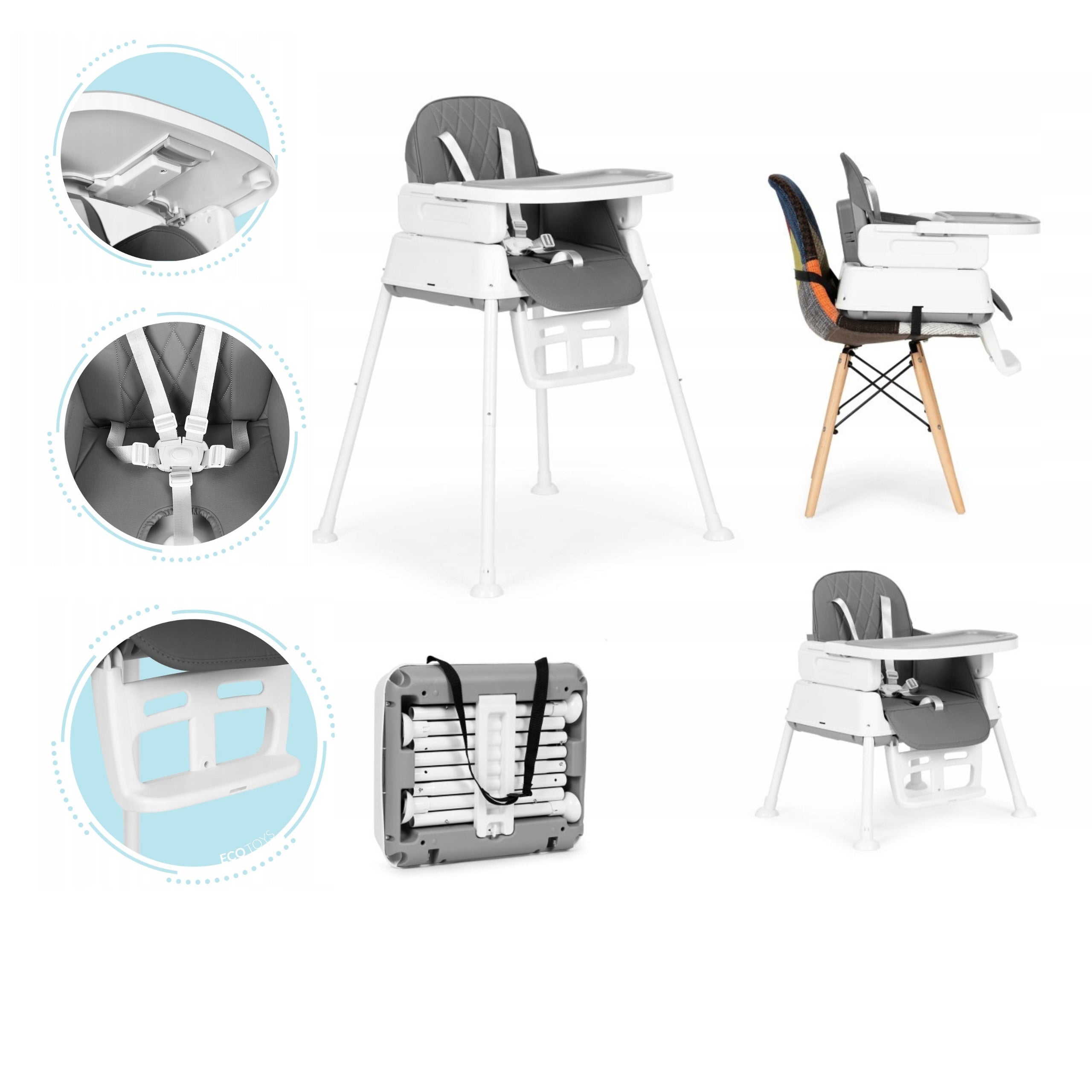Highchair Child Feeding Seat 3in1 Folding With Safety Belts Manufacturer code HA-009 Gray