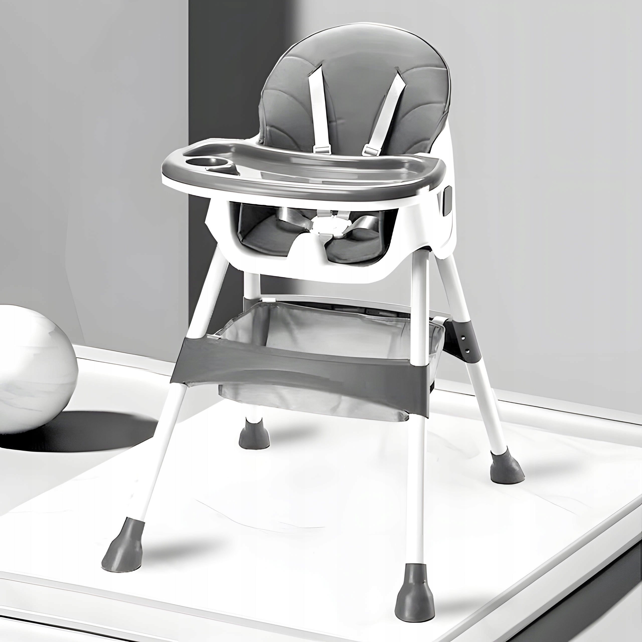 Highchair Feeding Children Folding Seat with Basket Tray Belts Grey Packaging status original