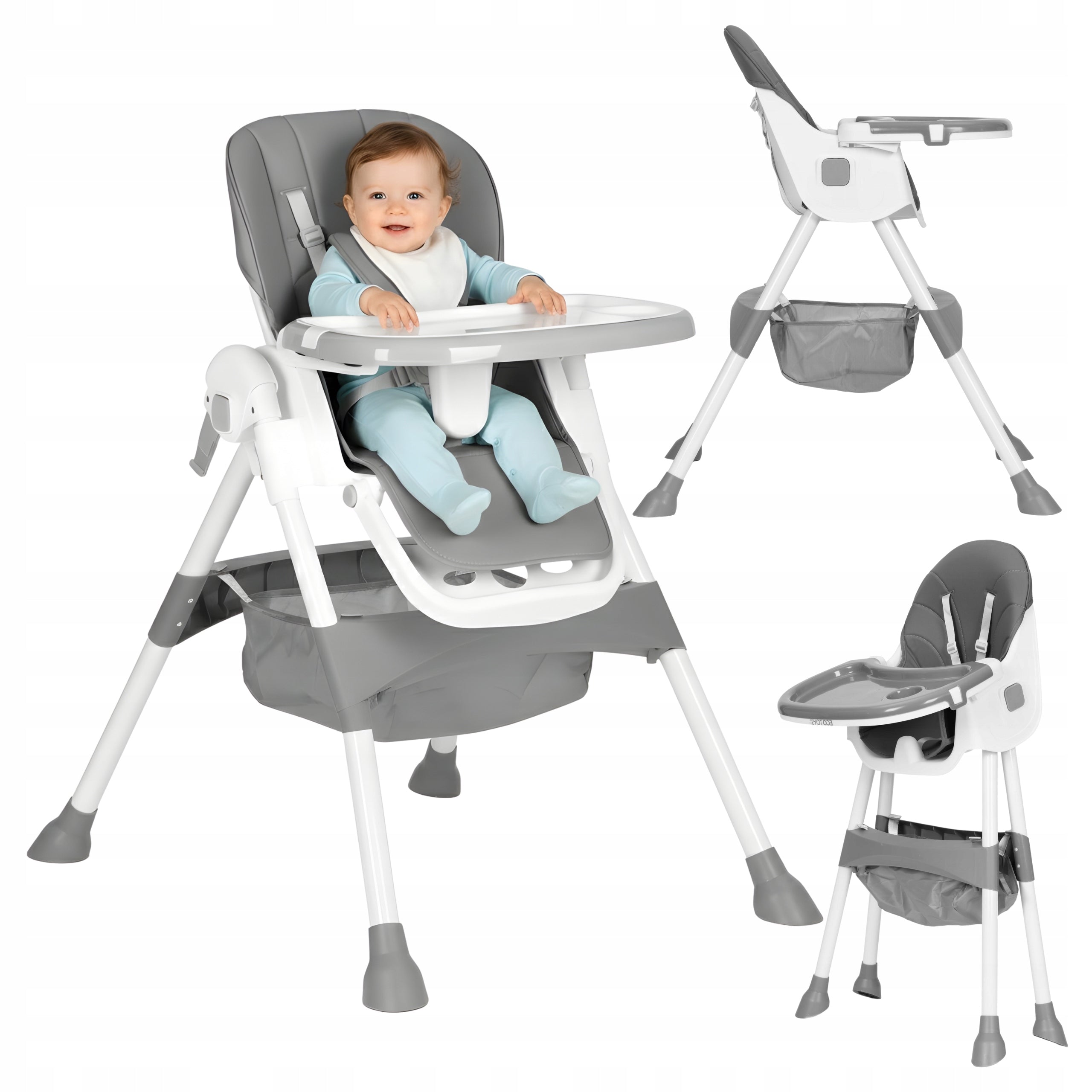 Highchair Feeding Children Folding Seat with Basket Tray Belts Grey