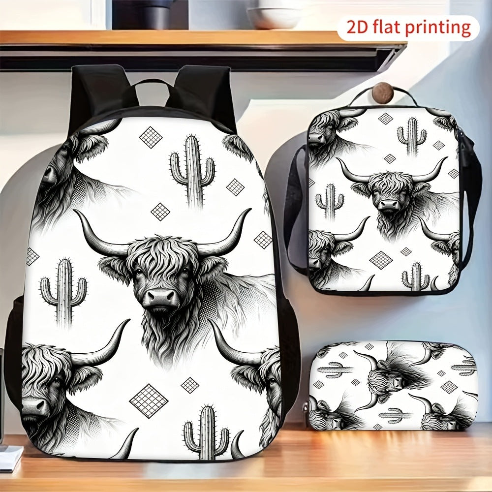 Highland Cow Cactus Pattern 3-Piece Backpack Set with Crossbody Bag