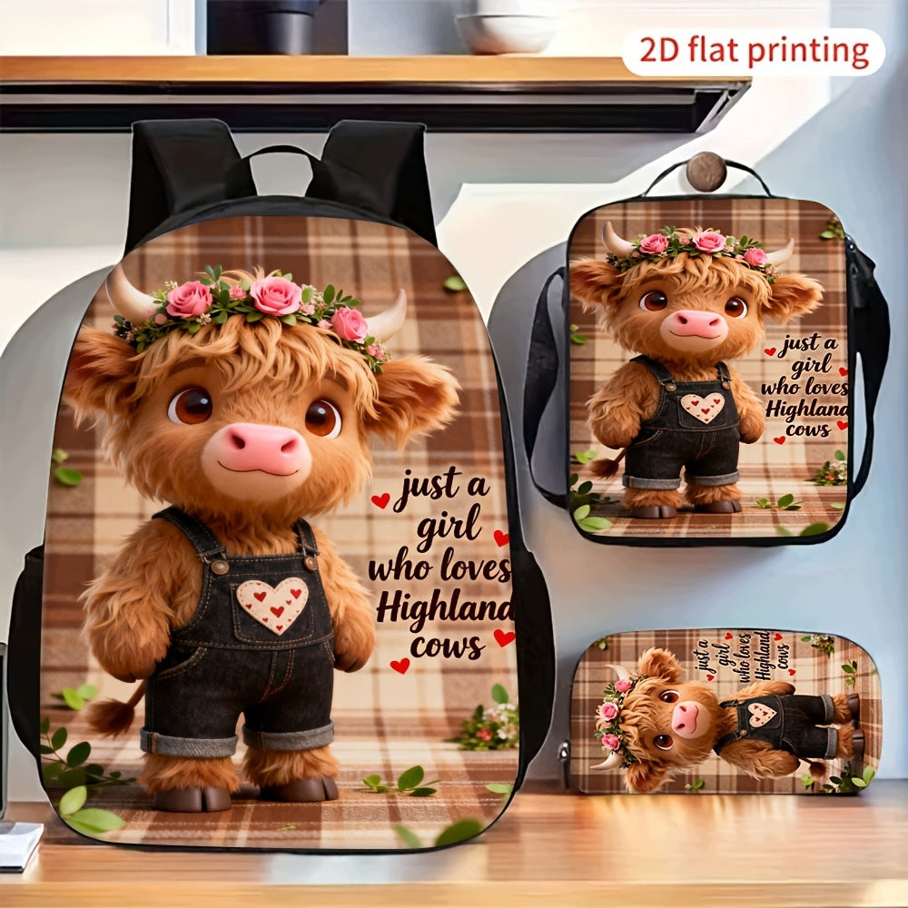 Highland Cow Print Backpack Set with Matching Pencil Case