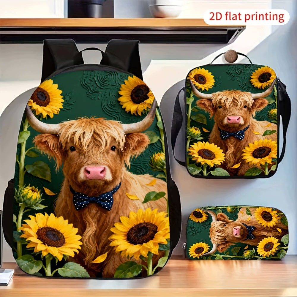 Highland Cow Sunflower Print 3-Piece Backpack Set with Crossbody Bag