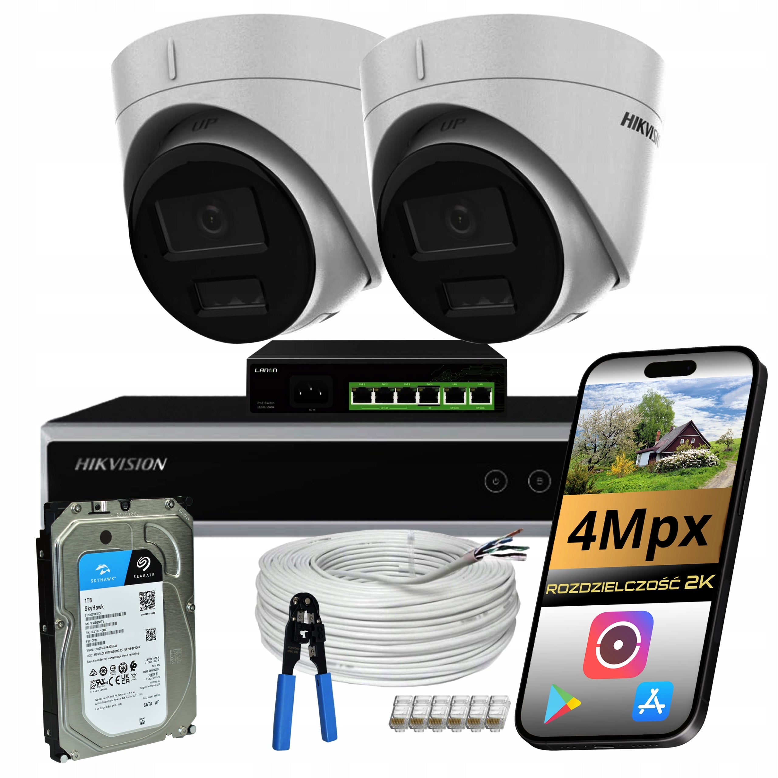 Hikvision Security Kit 2 IP PoE Cameras 4Mpx Dual IR LED Drive 1TB