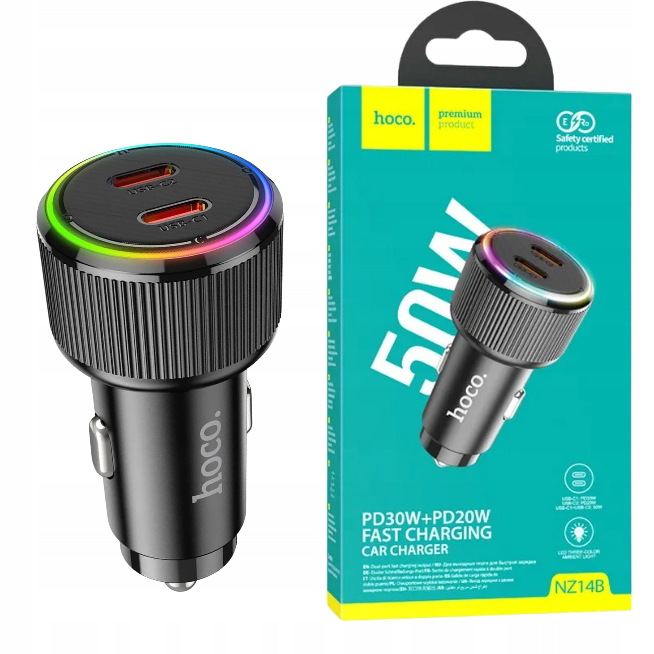 Hoco 2 x USB C QC PD 50W NZ14B Car Charger - Black