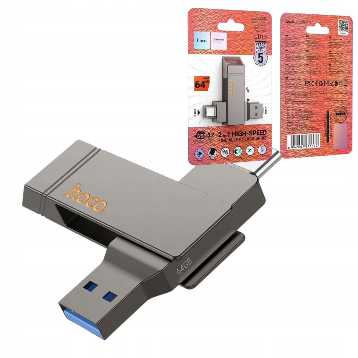 Hoco 64GB USB 3.2 Flash Drive (USB A + USB C) Grey Small For Computer UD15