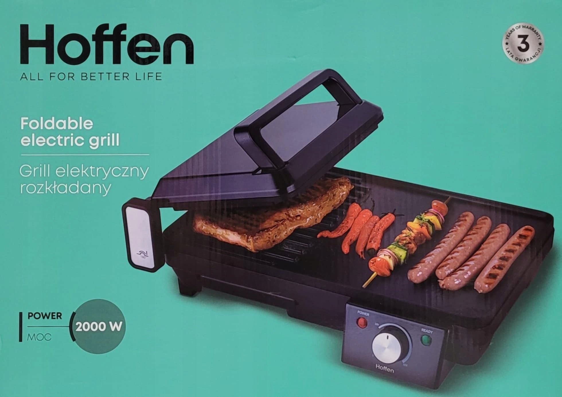 Hoffen Electric Grill FOLDING Table 2in1 2000W opening 180 degrees Brand Hoffen