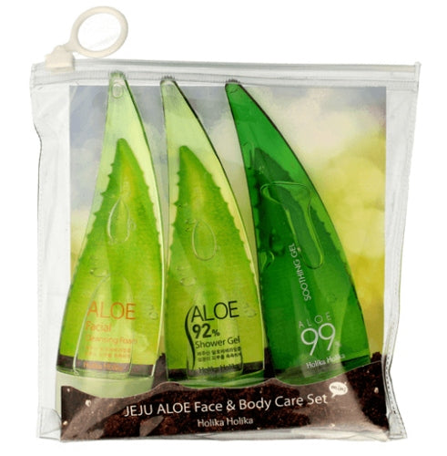 Kosmetikset Holika Holika Aloe Face&amp;Body Care: Gesichtsreinigungsschaum 55 ml + beruhigendes Duschgel 55 ml + beruhigendes Gel 55 ml 