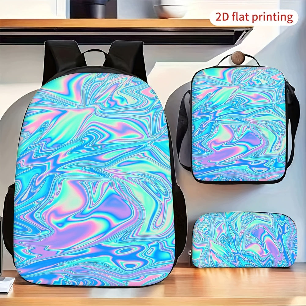 Holographic Iridescent Abstract Liquid Swirl Backpack Set with Lunch Bag and Pencil Case