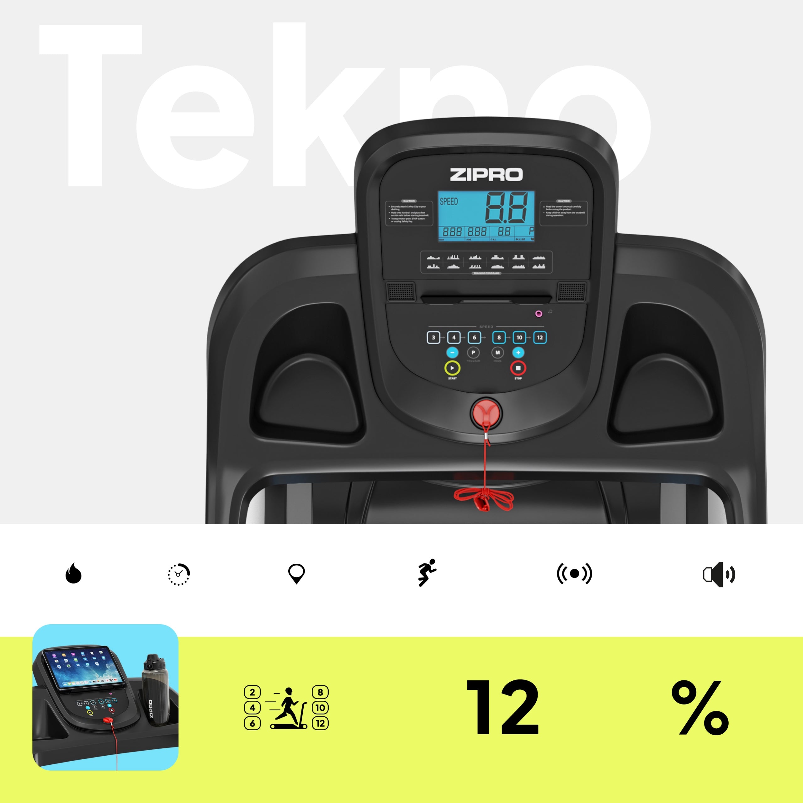 Home Electric Treadmill Folding Belt Slope + Shock Absorption - Zipro Measurements training duration distance speed pulse burned calories