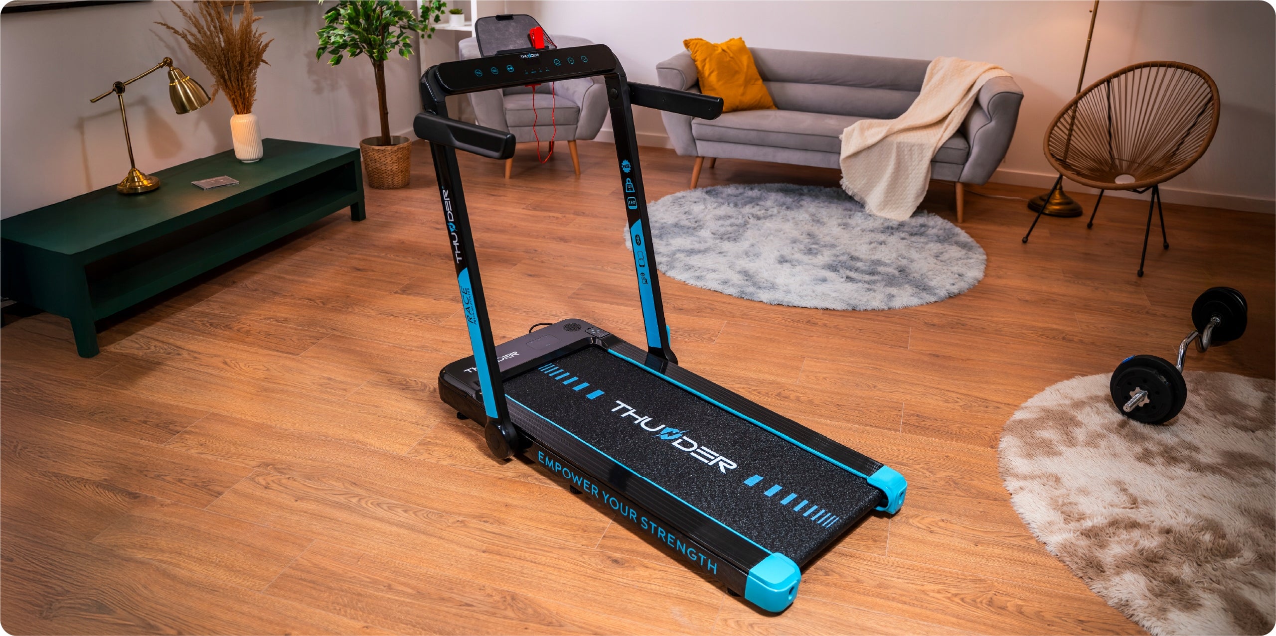 Home Electric Treadmill Folding Under Bed 0,8-14km/h RACE THUNDER Measurements training duration distance speed burned calories