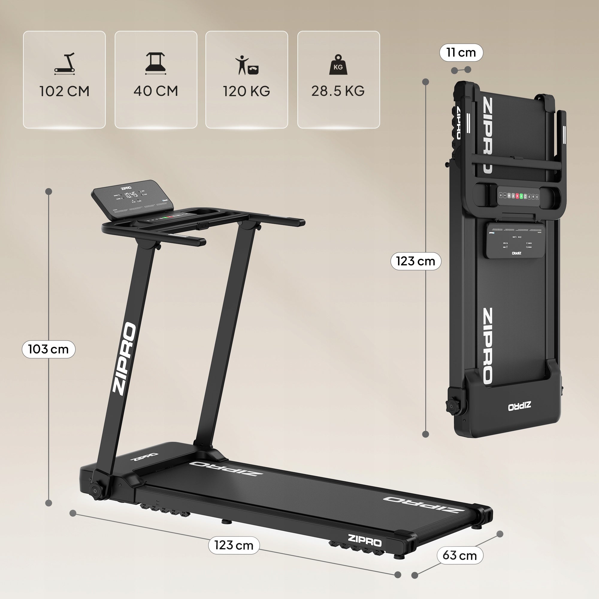 Home Electric Treadmill Folding Under Bed 1-12km/h Zipro Forma Lite Measurements training duration distance number of steps speed pulse burned calories