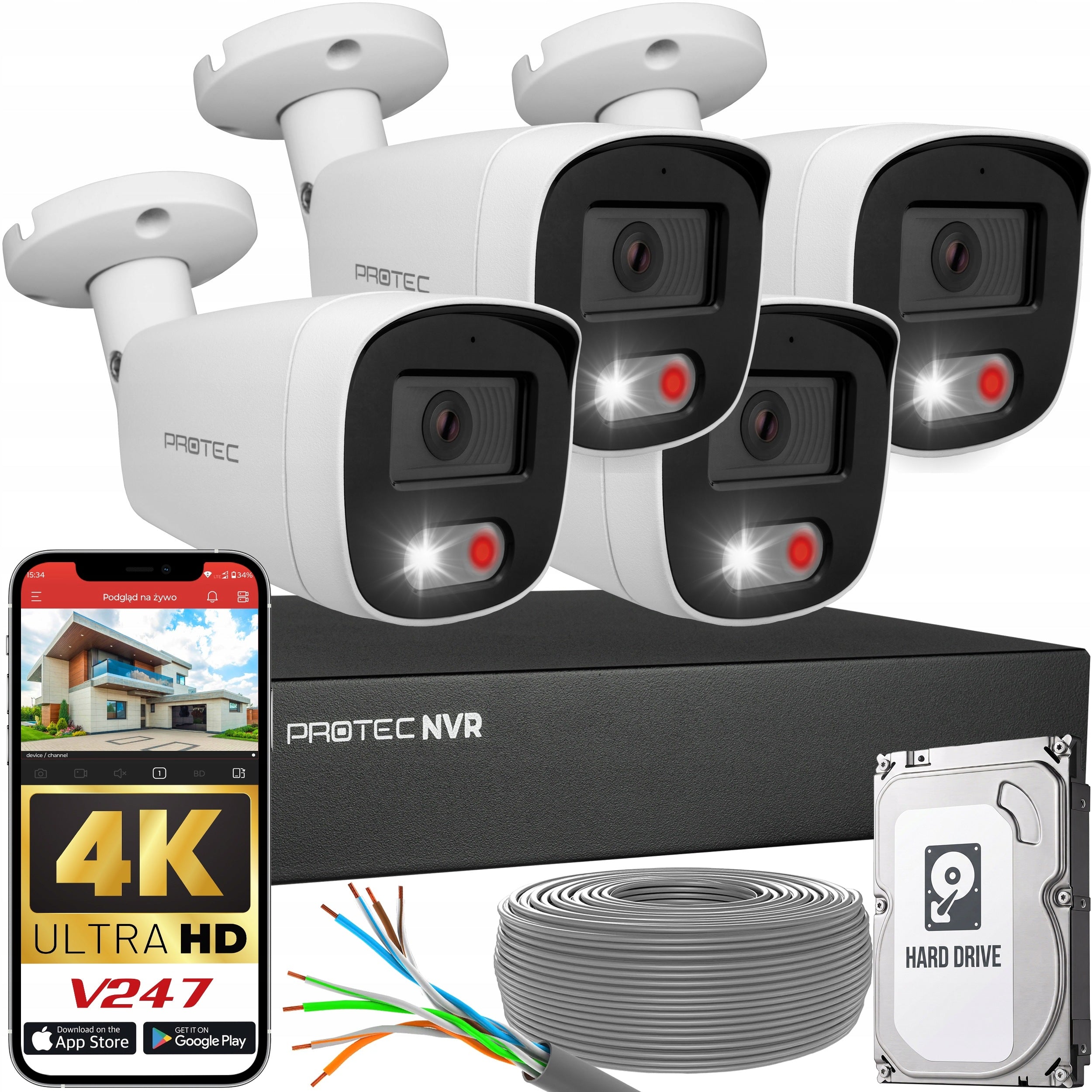 Home Monitoring 4K Set of 4 IP PoE Cameras Outdoor Microphone Night IR LED