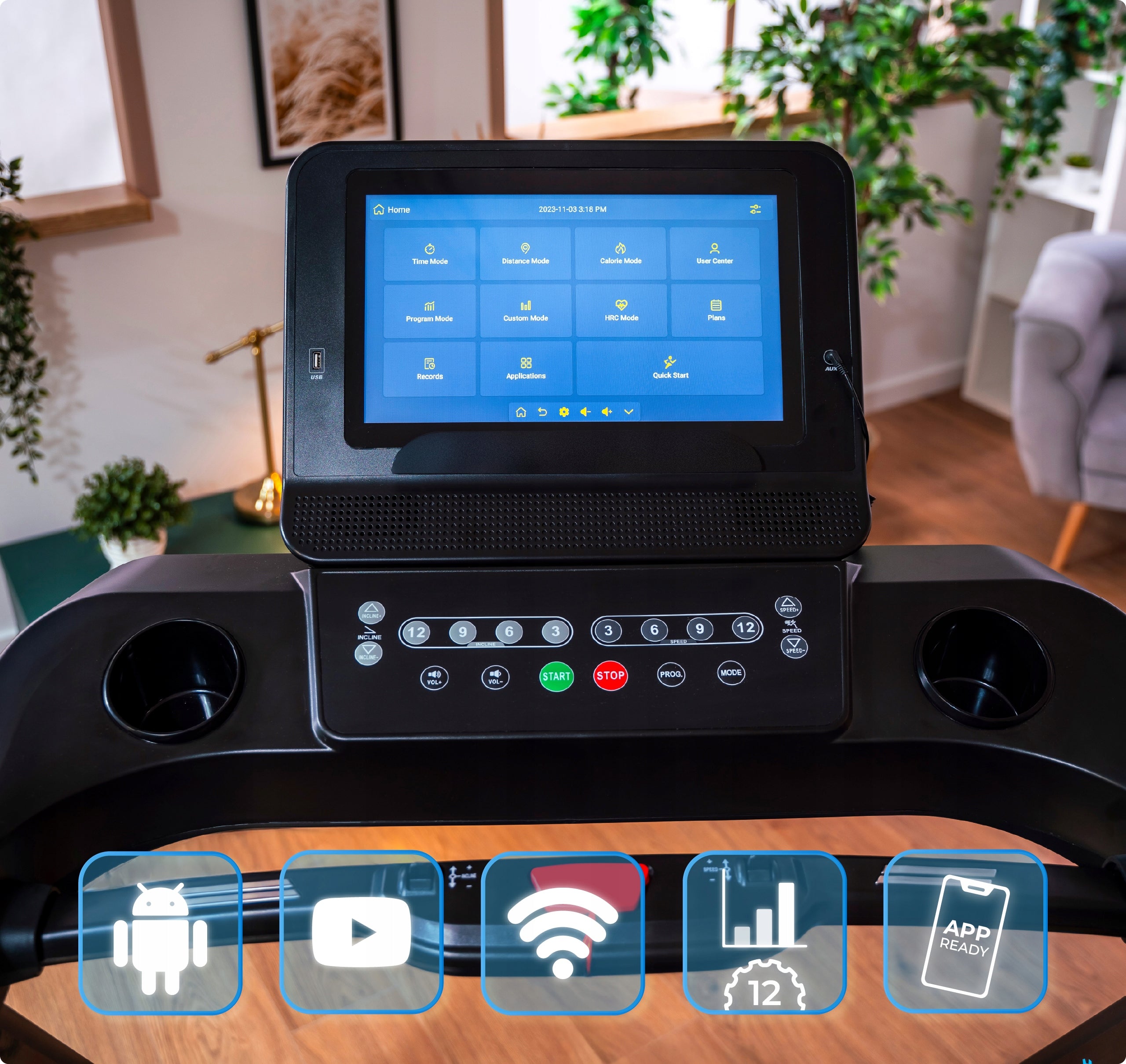 Home Treadmill Electric Folding Angle Adjustable SMART LCD IGNITE THUNDER Measurements training duration distance speed pulse burned calories fat