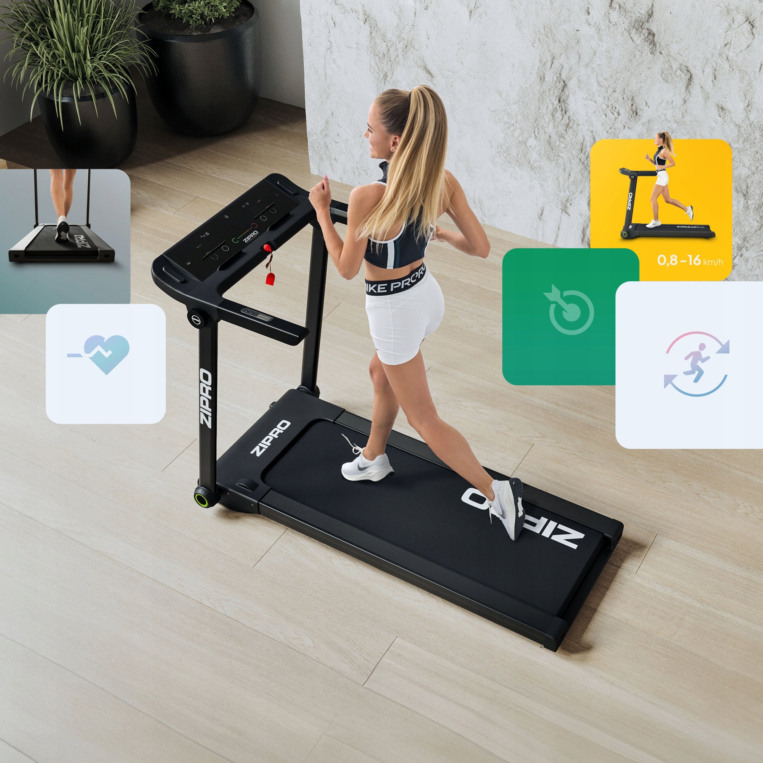 Home Treadmill Electric Folding FitShow Kinomap Bluetooth Pacto Zipro Measurements training duration distance speed pulse burned calories fat