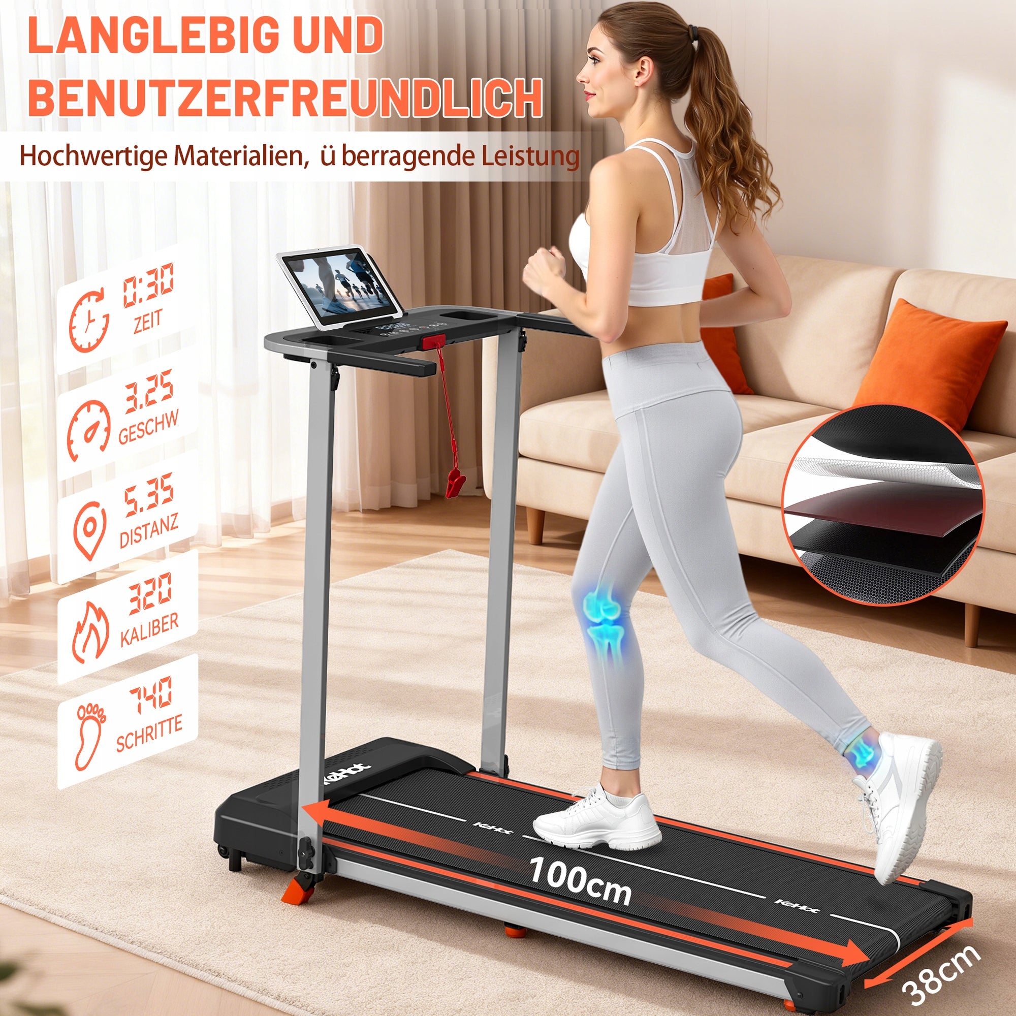Home Treadmill with APP, 1–12 KM/H Speed, LED Display, 12 Programs Measurements training duration distance speed burned calories