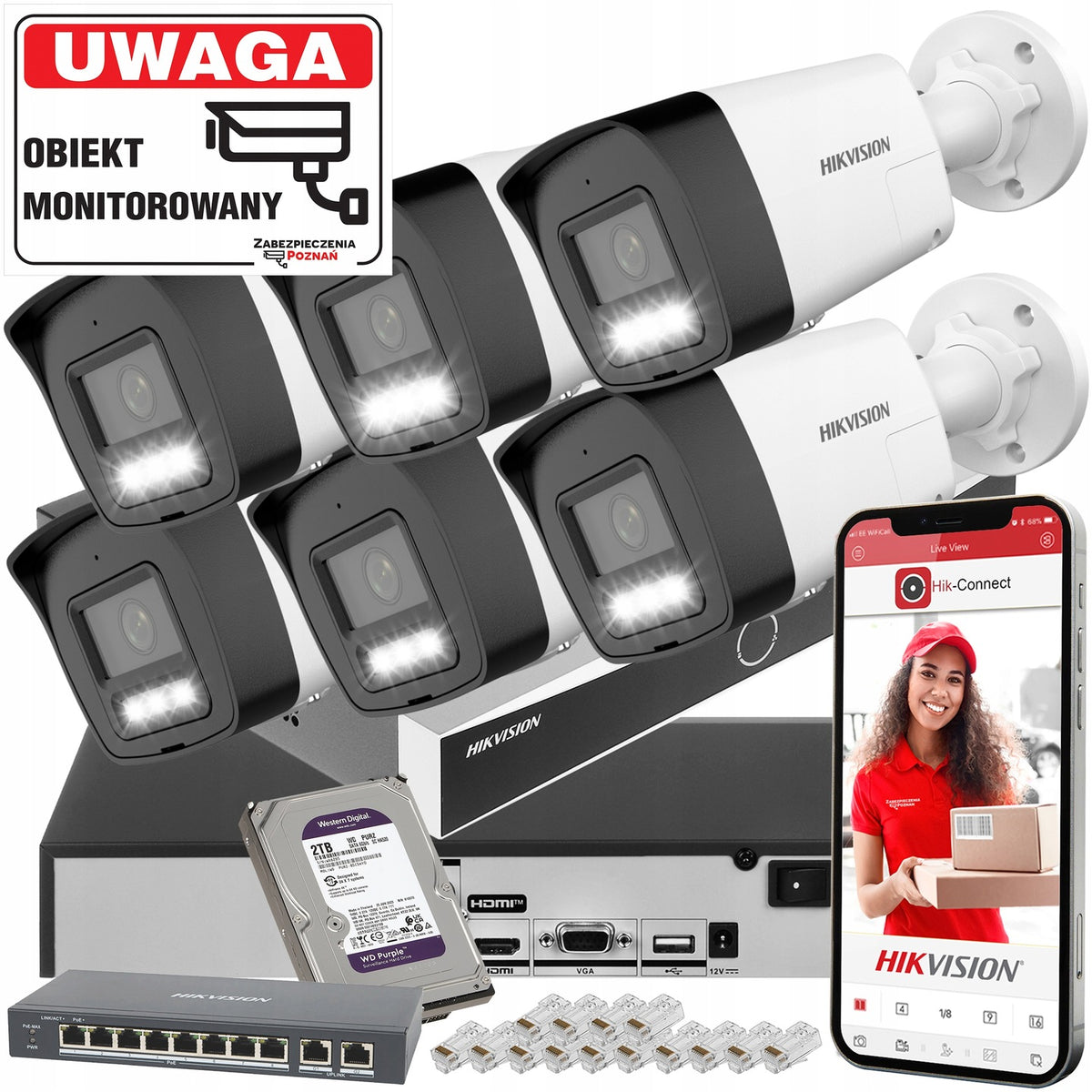 Home surveillance kit IP Hikvision 6 cameras DS-2CD1043G2-LIU 4Mpx Detection