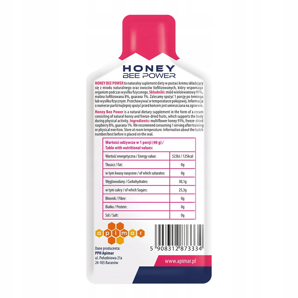 Honey Bee Power Energy Gel Raspberry Flavour 40g Honey EAN (GTIN) 5908312873334