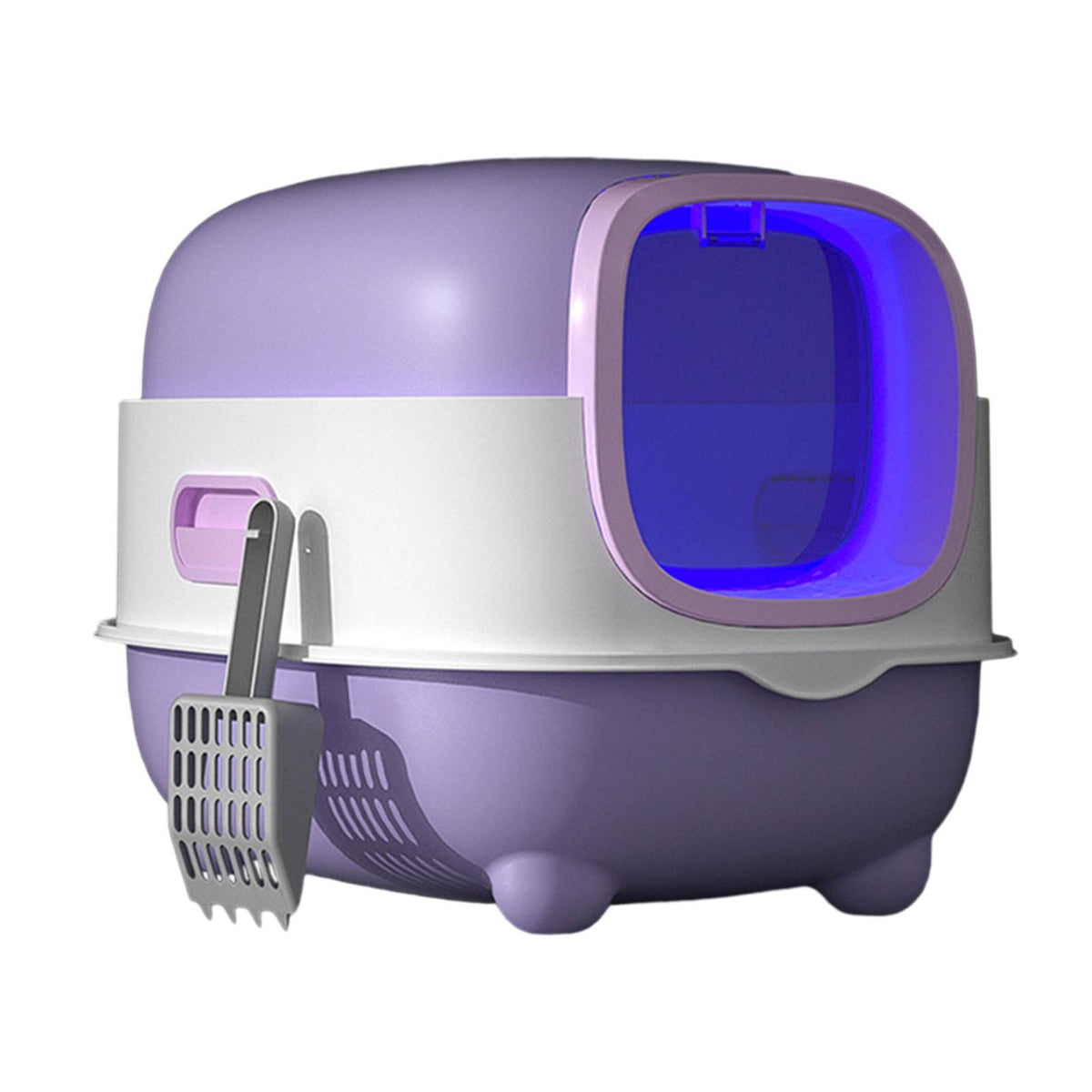 Hooded Cat Litter Box with Front Door Reusable Large Enclosed Cat Violet Packaging status original
