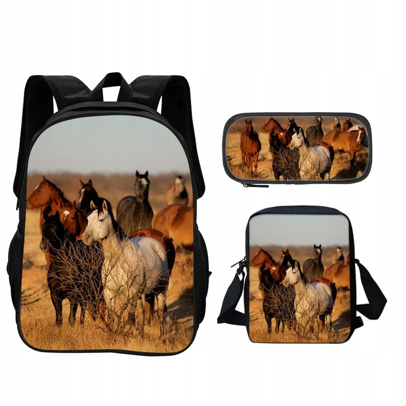 Horse Backpack, Pencil Case, Shoulder Bag 3Pcs Animal Horse 3D Set