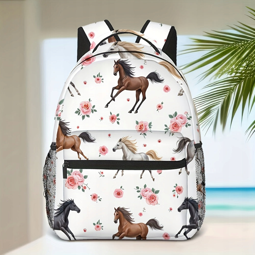 Horse Floral Print Backpack - Lightweight, Durable Polyester for School & Travel