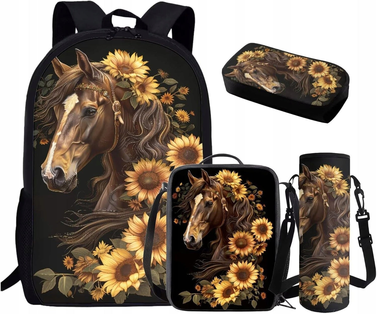 Horse Sunflower School Backpack for Girls 8-10 10-12 Elementary Kindergarte