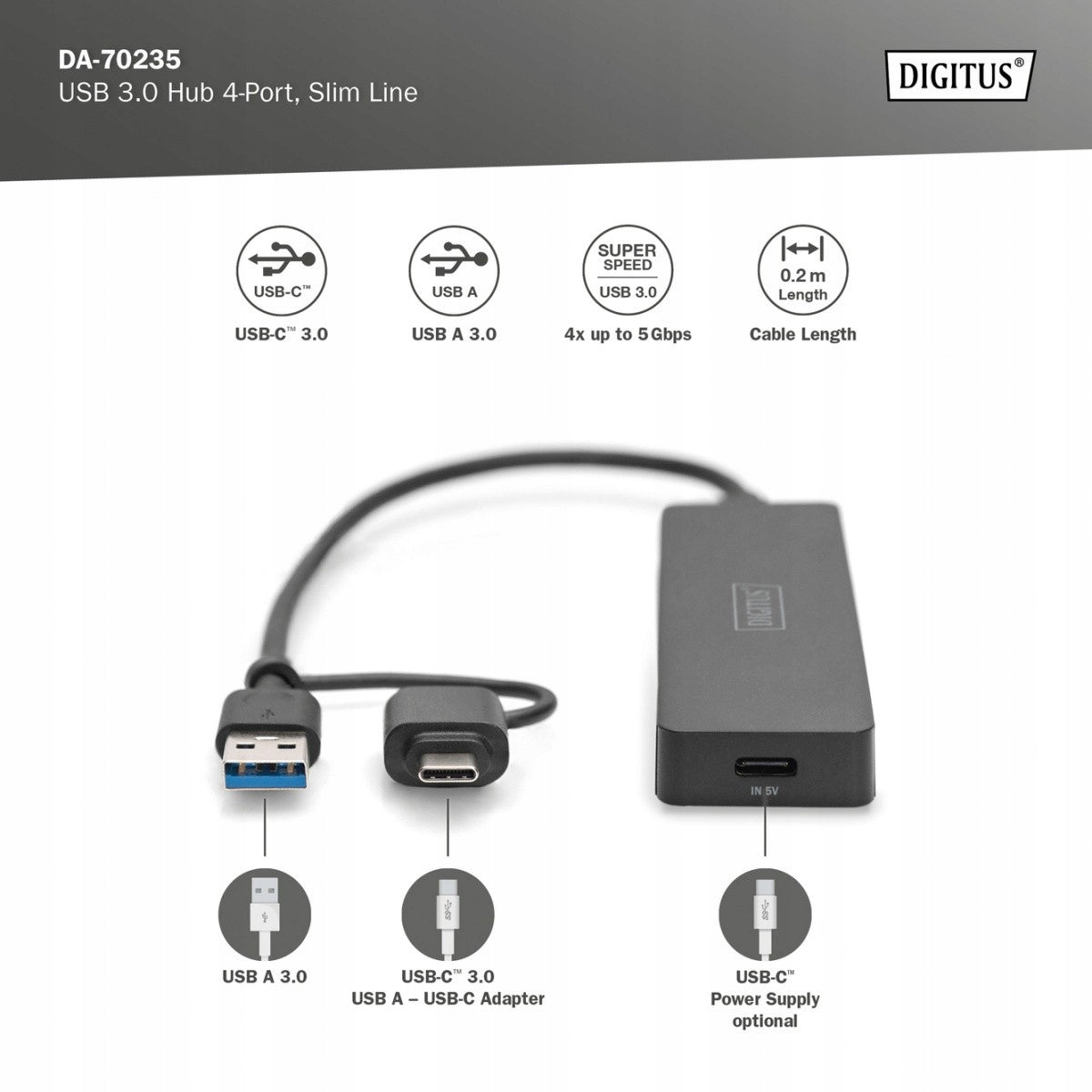 Hub USB 3.0/Concentrator 4-port SlimLine USB A + USB-C adapter 5Gbps, Manufacturer Digitus