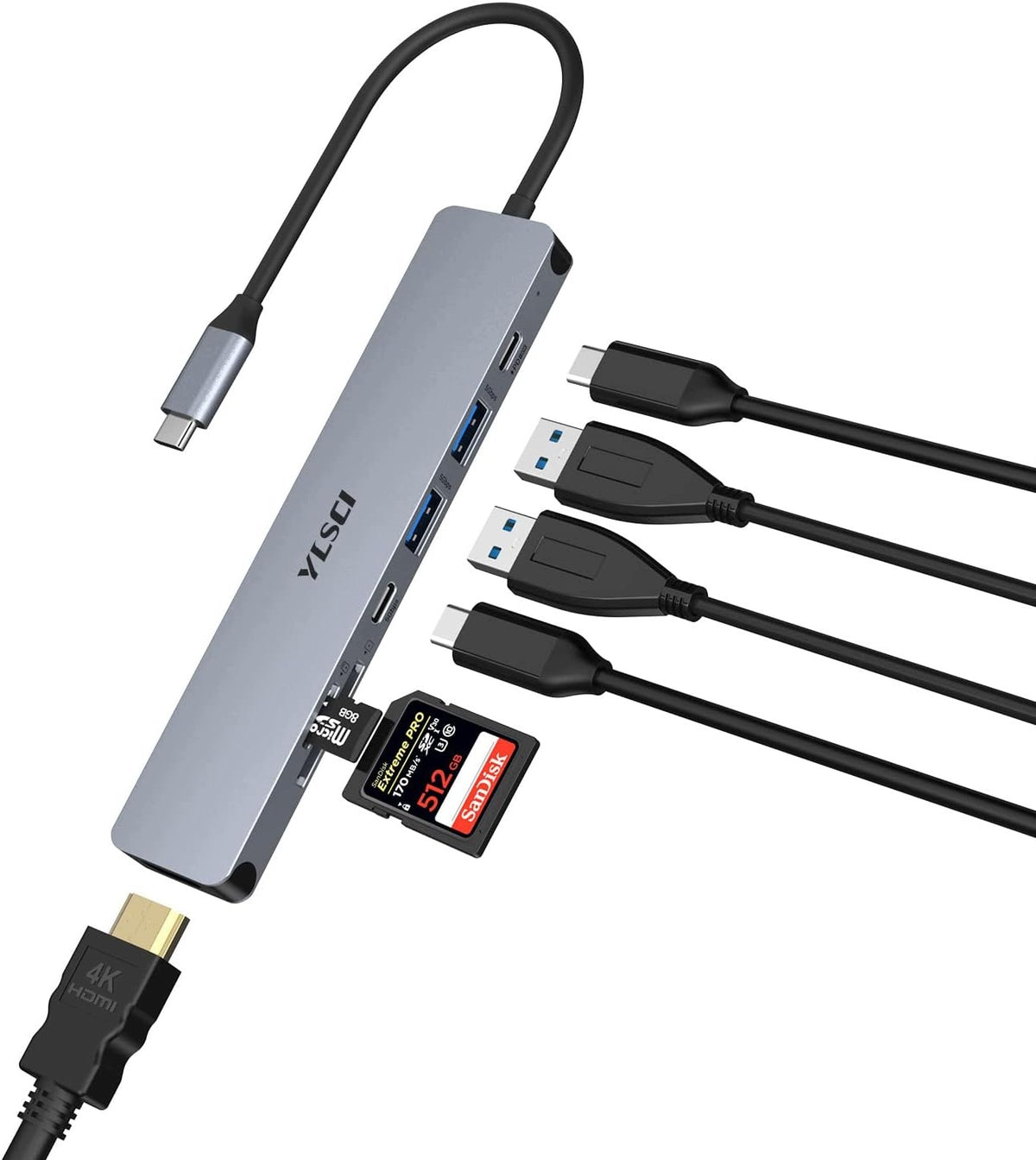 Hub USB C Adapter USB C 7in1 with HDMI 4K@30Hz 100W PD YLSCI
