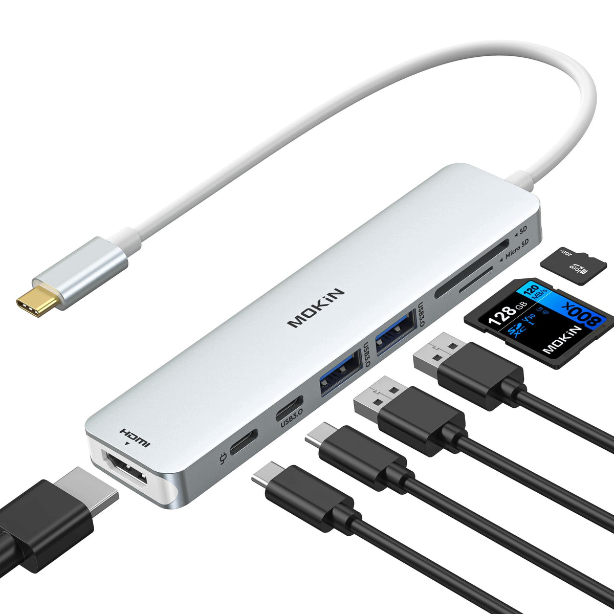 Hub USB C Multiport MacBook Pro/Air 7in1 Silver HDMI 2USB 3.0 SD