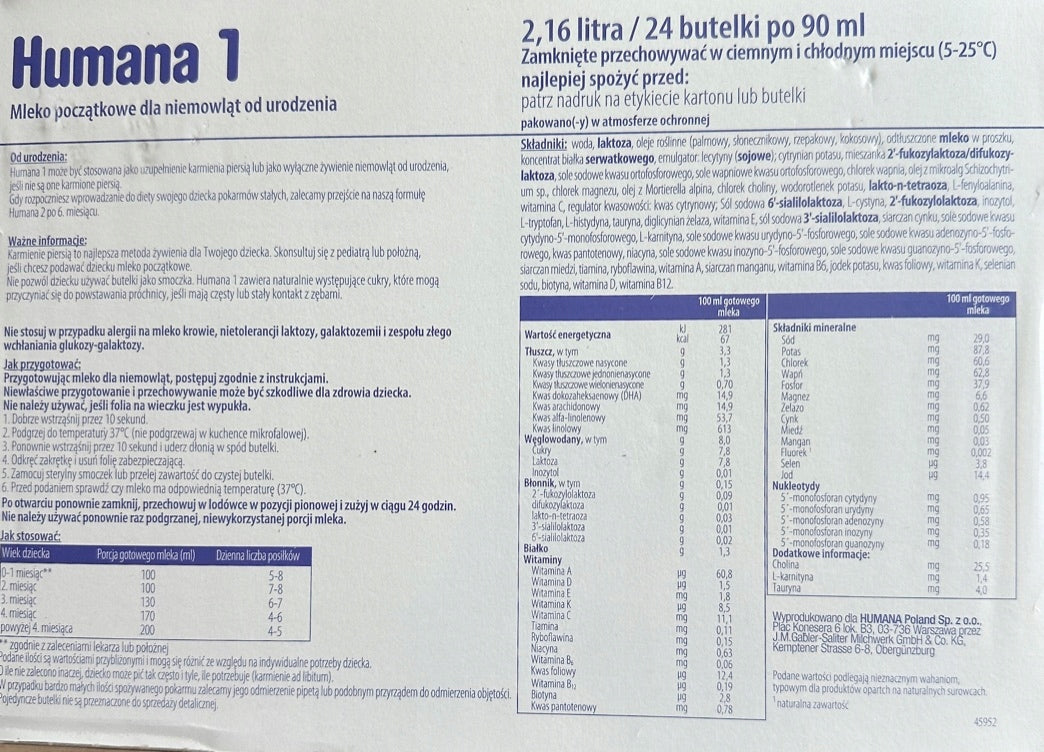 Humana 1 liquid milk for newborn, ready to use 24 x 90 ml Brand Humana